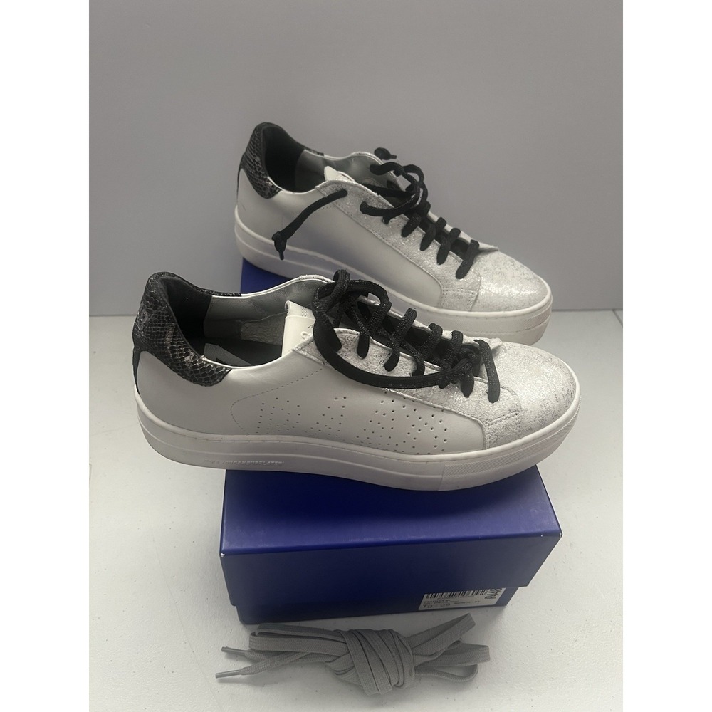 P448 Women's Sneakers Thea White Pacific Silver Glittery Shimmery Size 39 US 8.5